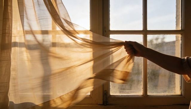 Hand pulling sheer curtain at rustic multi-pane window, warm golden morning glow