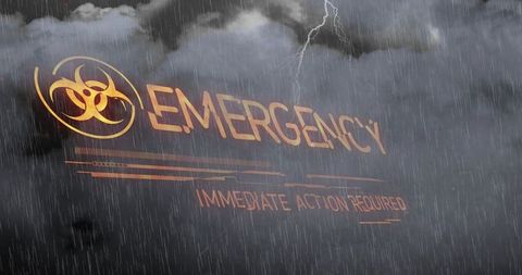 Lightning striking storm with biohazard emergency warning and urgent action message