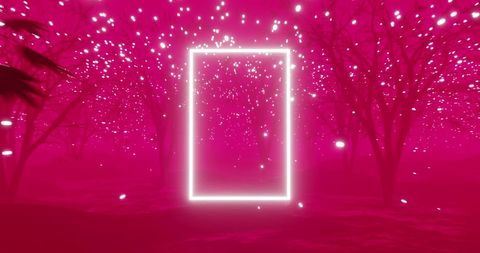Glowing white frame in dreamlike forest with radiant pink hues