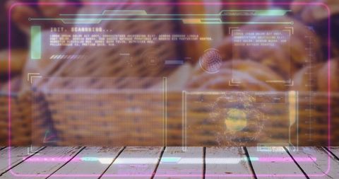 Showing neon pink hud overlay on wooden plank at cafe counter, hands handling pastries
