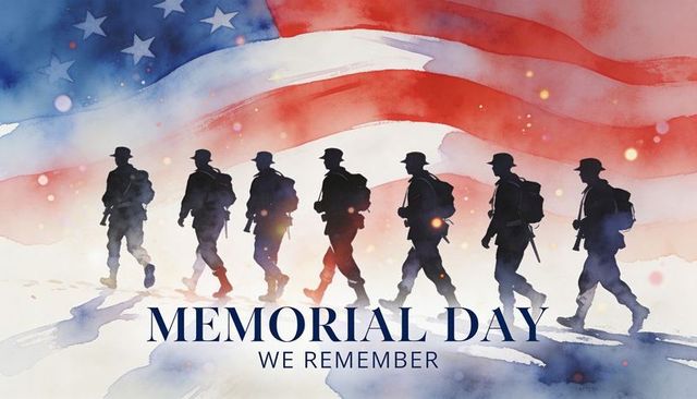 Memorial day remembrance: soldiers marching silhouette against watercolor american flag