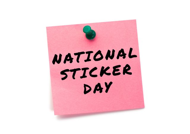 Vector image of national sticker day text on pink sticky note against white background, copy space. national sticker day, reminder, event and vector concept.