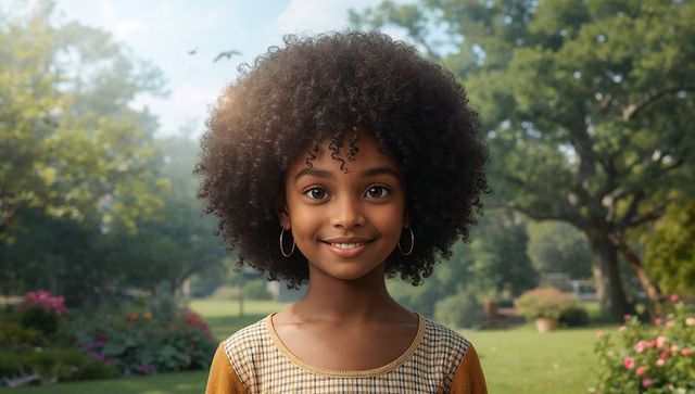 Smiling curly-haired girl standing in sunlit garden wearing checked dress and gold hoops