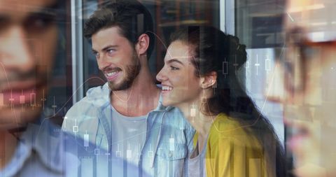 Business Team Collaborating with Digital Financial Data Overlay