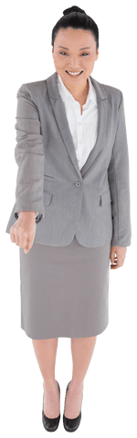 Happy Asian Businesswoman Smiling and Pointing Finger on Transparent Background