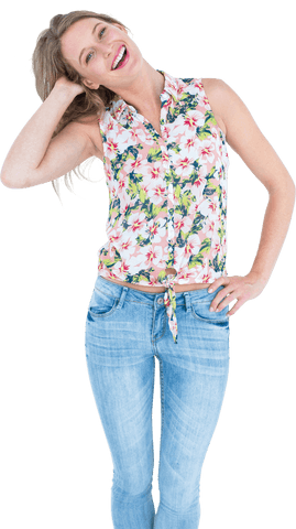 Cheerful Woman Confidently Posing in Casual Transparent Background