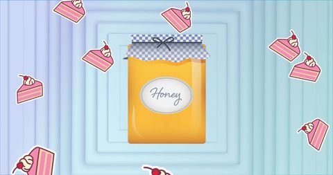 Honey Jar with Falling Cake Slices on Blue Background