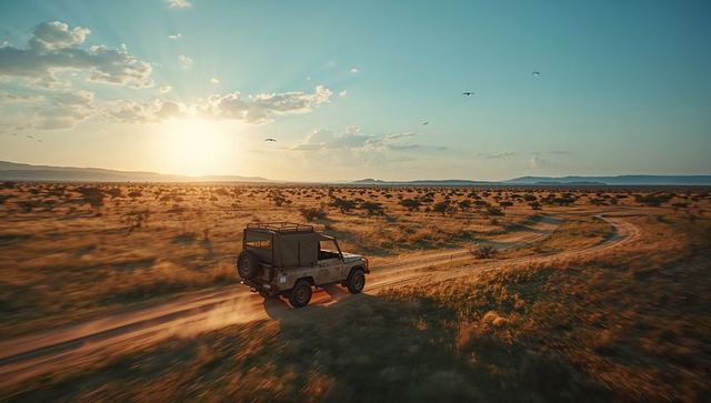 4x4 vehicle on dusty safari trail amidst glorious sunset