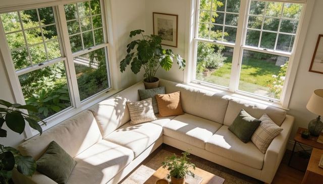 Sunlit beige sectional sofa in cozy corner living room with green plants and throw pillows