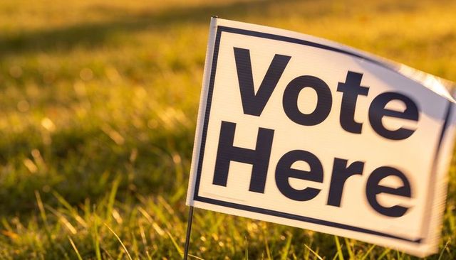 Vote here yard sign leaning in sunlit grass at golden hour encouraging election turnout
