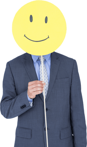 Businessman holding transparent smiley in front of face