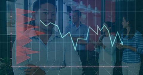 Confident executive with data overlay in modern office environment