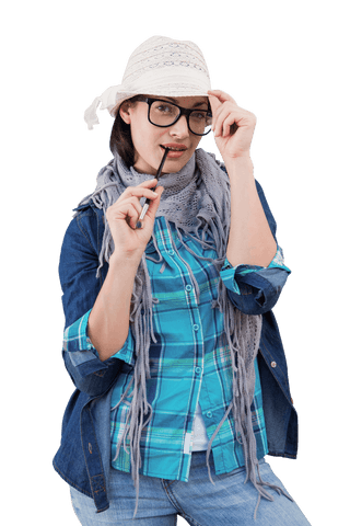 Caucasian Woman Holding Brush with Straw Hat and Glasses on Transparent Background