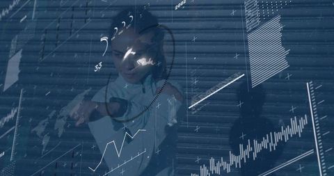 Tech woman interacting with ar data hud while pointing, wearing visor headset and jacket