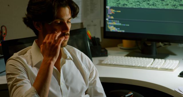 This image showcases a tired programmer working late at night in an office. He is seated at a desk, facing a computer screen filled with code, reflecting the reality of late-night project deadlines and the intense focus required in the tech industry. Suitable for illustrating articles on programming, the challenges of coder life, software development, workplace stress, and pursuing a career in technology.