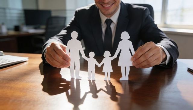 Businessman presenting paper family cutouts on office desk representing family insurance