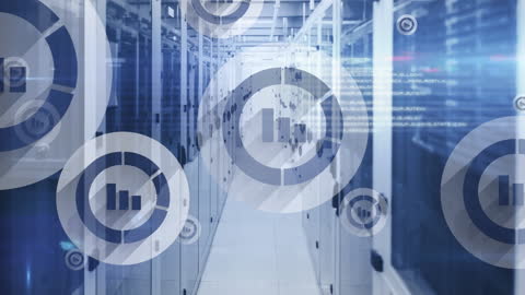 Digital Data Processing Animation in Modern Server Room