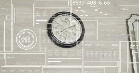 Analog Timepiece with HUD Data Overlays on Wooden Desk Topdown Workspace Dashboard View