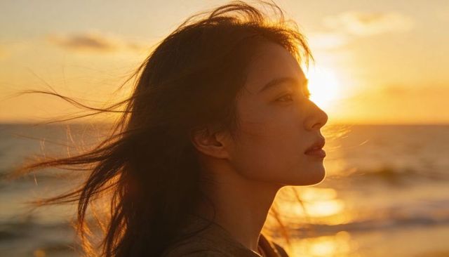 Asian woman gazing at ocean horizon during golden hour, windblown hair serene portrait