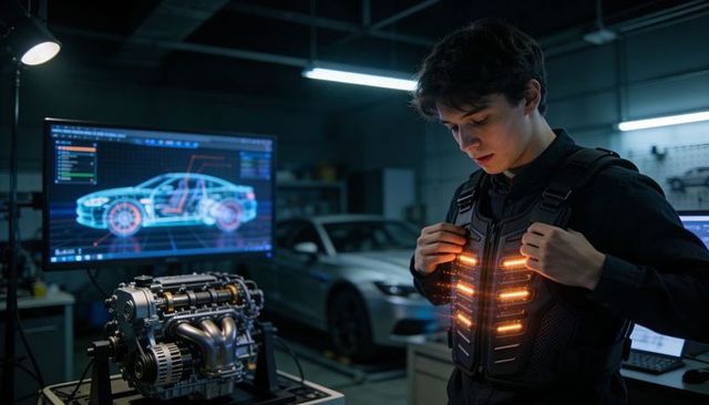Technician adjusting led vest while testing prototype powertrain with car wireframe display