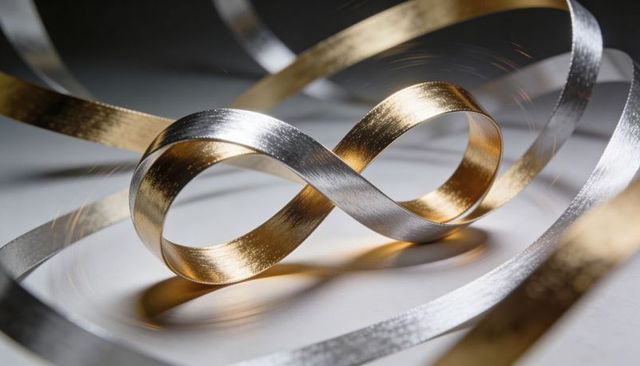 Gold and Silver Ribbon Forming Infinity Loop Shimmering Brushed Metallic Texture