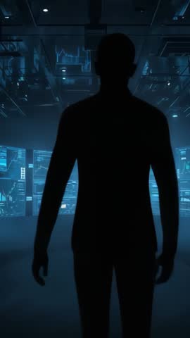 Silhouette Walking into Futuristic Control Room Monitoring Data Dashboards - Vertical Video
