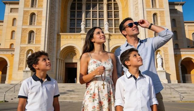 Family exploring cathedral plaza holding rosary father adjusting sunglasses