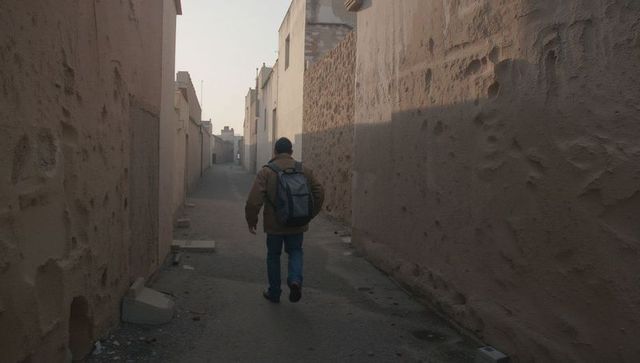 Solitary traveler walking narrow alley with textured pitted walls and backpack at dusk