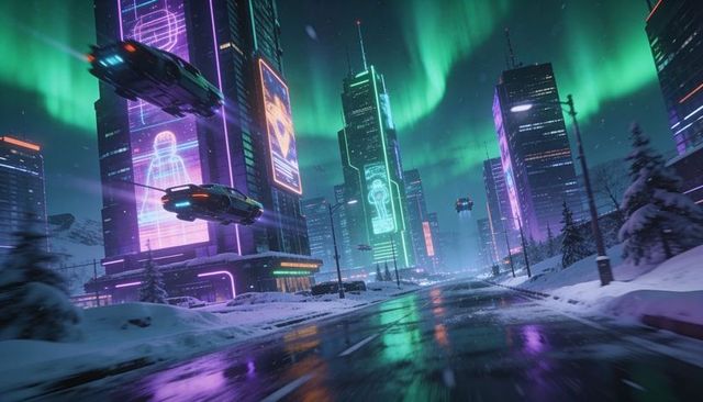 Neon winter metropolis with hover cars and holographic billboards under aurora