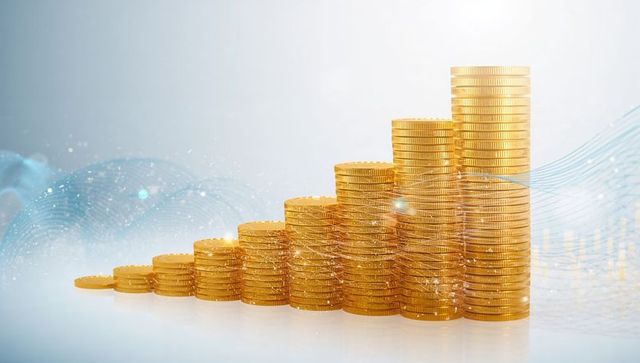 Ascending Gold Coin Stacks with Digital Waveforms Background