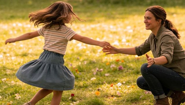 Spinning child running into open arms of smiling mother in sunlit green wildflower meadow