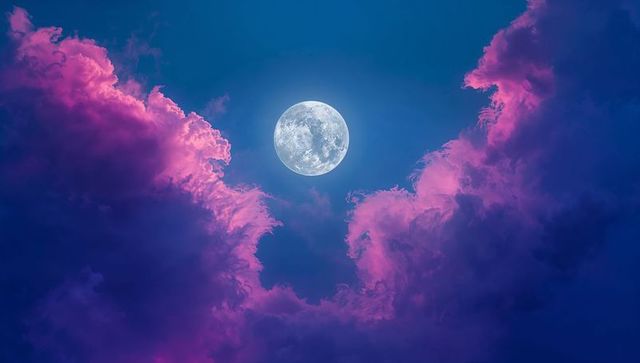 Mystical Full Moon with Magenta Clouds in Night Sky