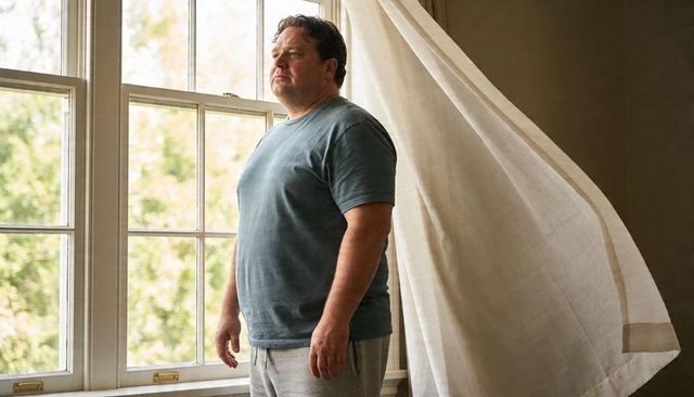Man standing at window looking out as curtain blowing in soft morning light in tee and sweats