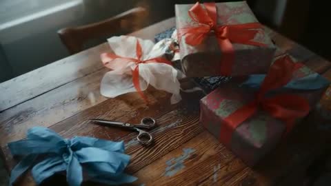 Artistic Gift Wrapping on Rustic Wooden Table by Sunlit Window