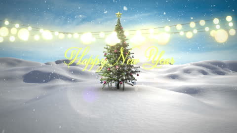 Festive New Year Greetings with Christmas Tree in Snowy Setting