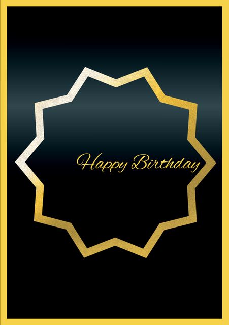 This elegant golden-framed birthday card features a minimalist starburst design on a black background, ideal for sophisticated celebrations. Suitable for sending birthday wishes in a formal context or for use in luxury events.