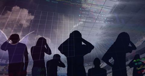 Disappointed sports fans amidst data and graph imagery