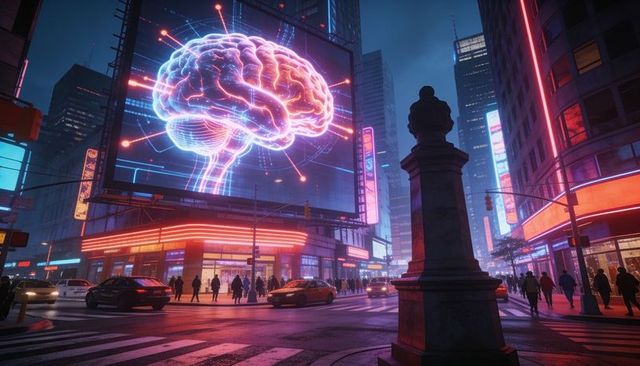 Giant neon brain billboard lighting cyberpunk city intersection at night with circuit glow