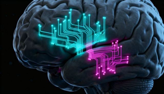 Neon neural circuitry on human brain showing ai connections and cortex mapping