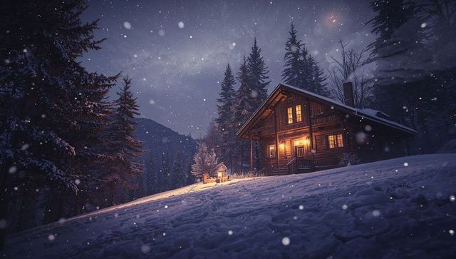 Warm-lit Log Cabin Glowing on Snowy Hillside Among Pine Trees Under Starry Winter Night