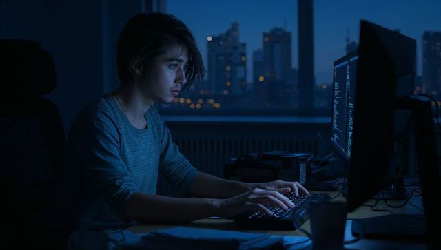 Nighttime woman coder concentrating on code at city skyline workstation with backlit monitor