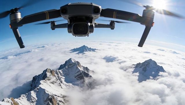 Drone Hovering Above Snowy Alpine Peaks Capturing Aerial Survey and Cinematic Footage