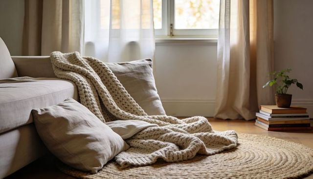 Cozy neutral living room corner featuring chunky knit throw and linen pillows on round jute rug