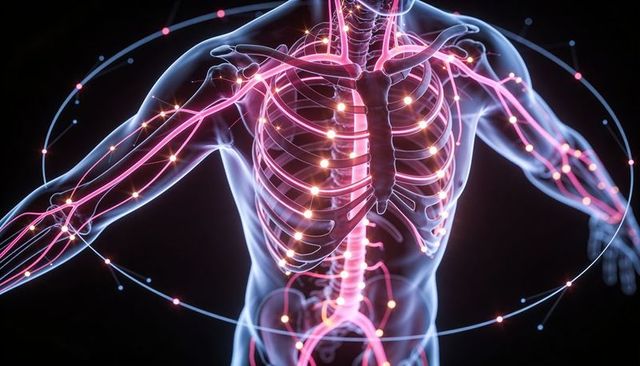 Holographic torso visualization illustrating ribcage, spine and neural vascular network