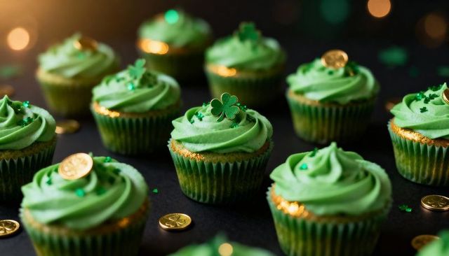 St Patrick's Day Shamrock Cupcake with Green Buttercream, Gold Coins and Sparkle