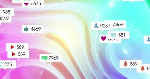 Displaying colorful social notification bubbles over abstract neon gradient interface