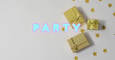 Colorful party invitation over gold gifts and stars