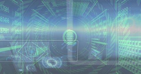 Holographic Data Tunnel Streaming with Pulsing Circular Node and Futuristic UI Dashboard