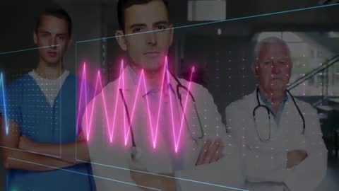 Doctors in Hospital with Futuristic ECG Overlay