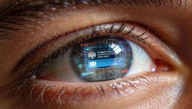 Human eye reflecting holographic ai interface macro close-up showing ar data overlay wearable